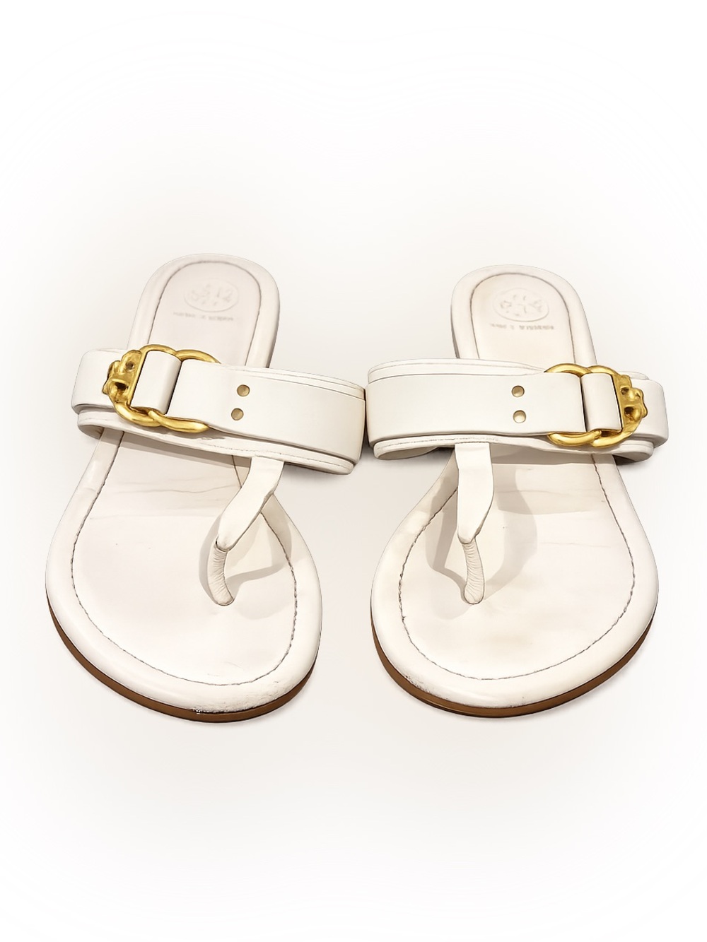 Tory Burch Marsden Ivory Leather Thong Sandals Gold Logo Size 8.5 M